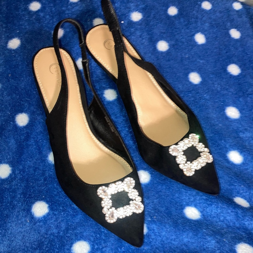 Elegant Black Slingback Heels with Embellished Buckle